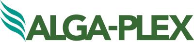 Logotipo verde de ALGA-PLEX con un icono de hojas a la izquierda