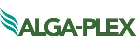 Logotipo verde de ALGA-PLEX con un icono de hojas a la izquierda