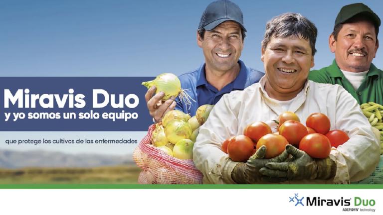 Anuncio de Miravis Duo con frutas y verduras y tres hombres sonriendo