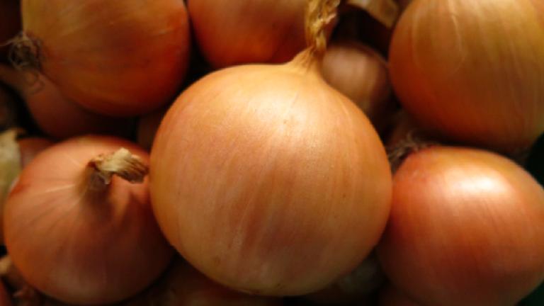 Varias cebollas marrones apiladas, en primer plano una cebolla grande.