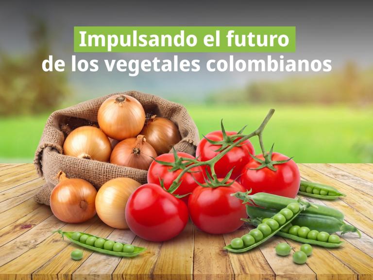 Tomates, champiñones y arvejas sobre mesa; texto “Impulsando el futuro…”