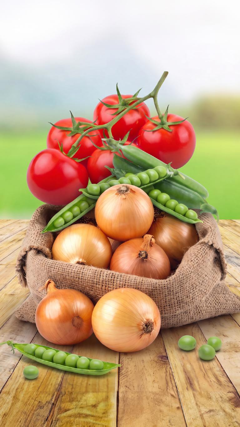 Tomates, pepinos y cebollas sobre arpillera en mesa de madera rústica.
