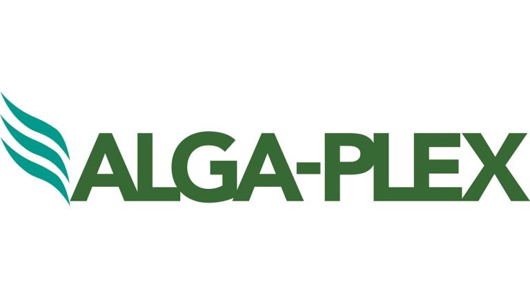 Logotipo verde de ALGA-PLEX con un icono de hojas a la izquierda